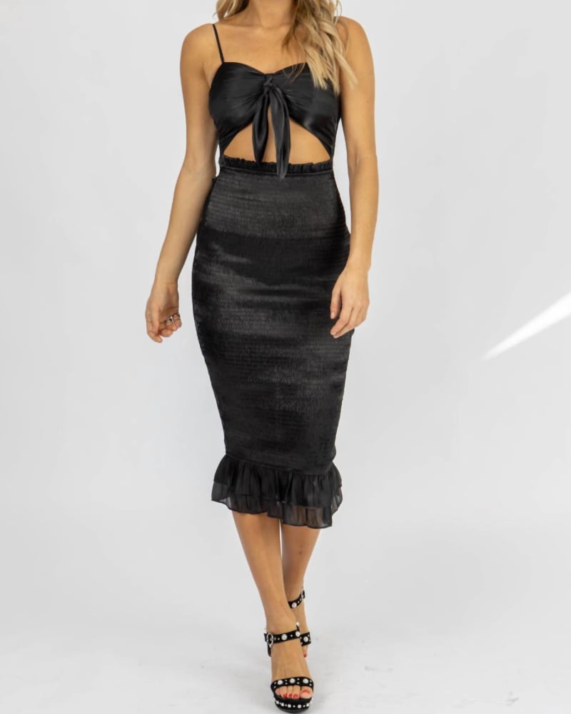 Front of a model wearing a size L Silky Front Cutout Midi In Black in Black by MABLE. | dia_product_style_image_id:355539